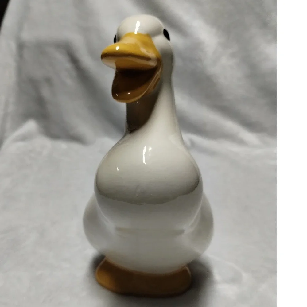 Vintage White Ceramic Duck Figurine Glossy Hand Painted Farmhouse Decor 8.5 Inch
